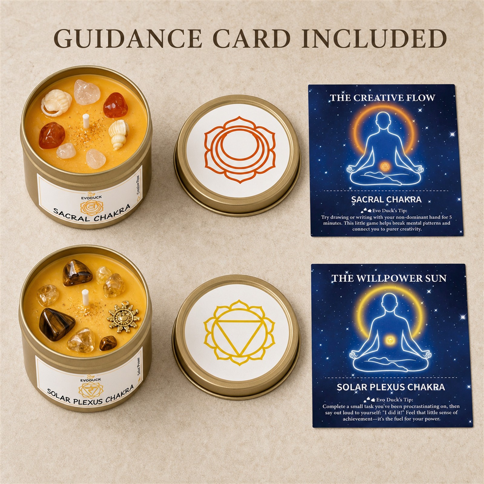 2-Piece EVODUCK Sacral & Solar Plexus Chakra Candles, Crystals, Success