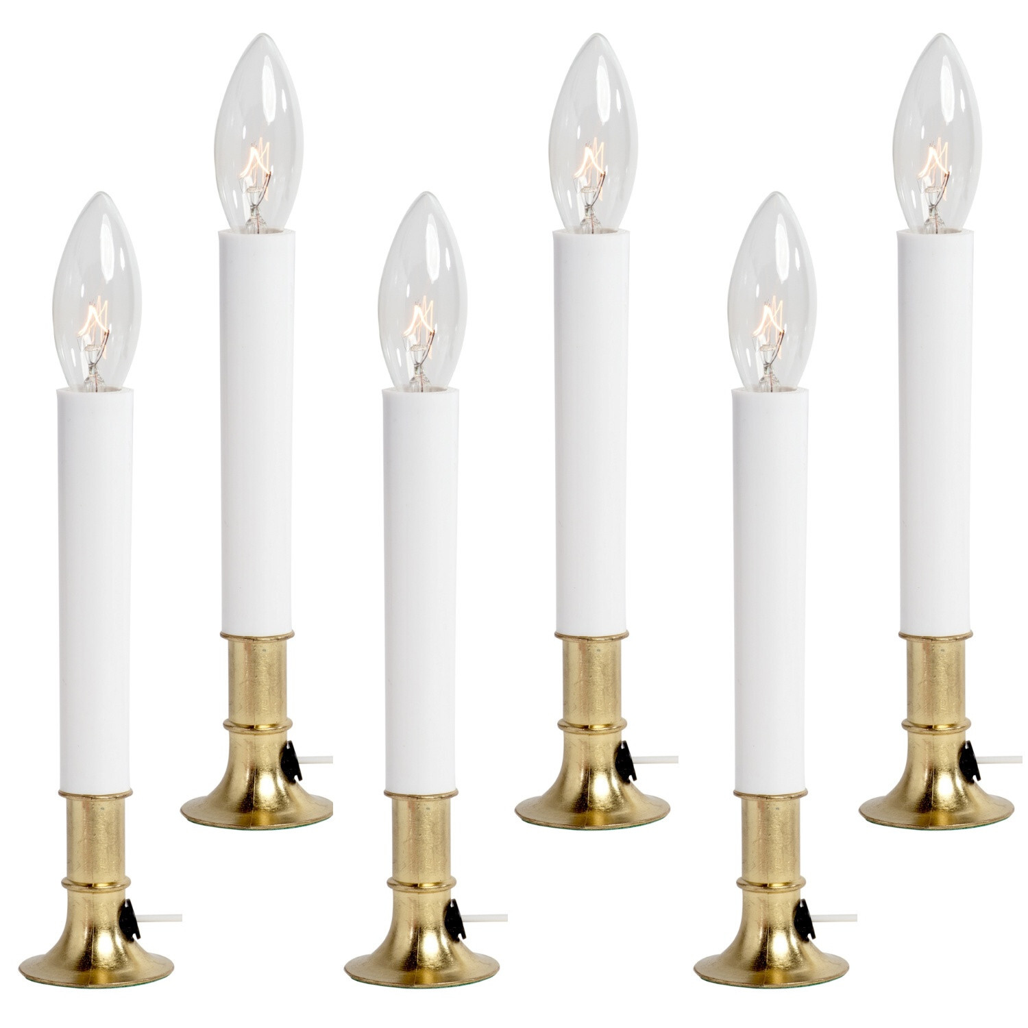 6 Electric Window Candle Lamps with Brass Plated Base, On/Off Switch, Light Bulb