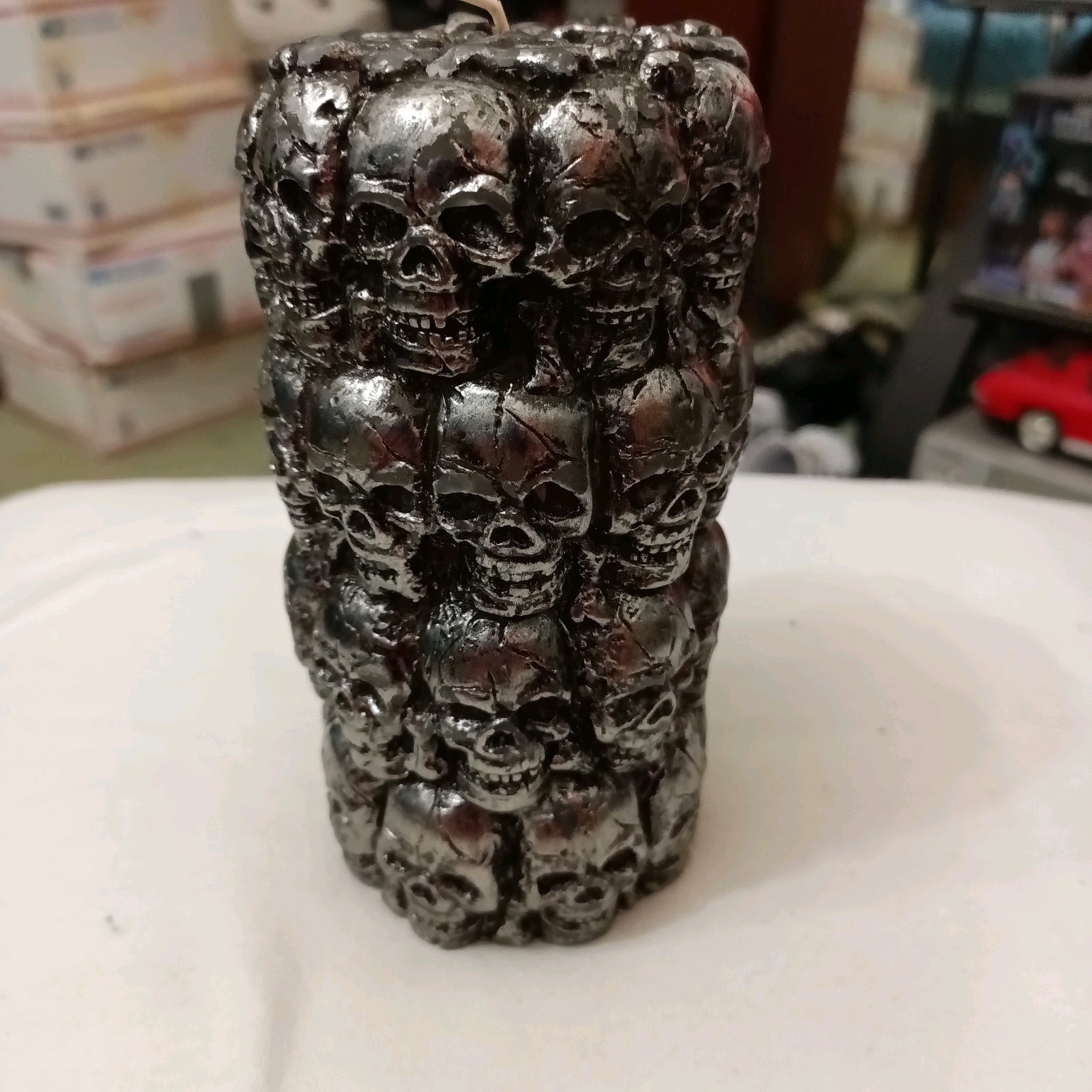Skulls Wax Silver Pillar Candle 6in Tall 3in Wide New