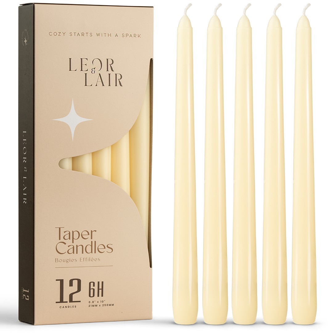 Leor & Lair Taper Candles – 12 Pack – 10″ Tall Candlesticks, Unscented, 6+ Hours