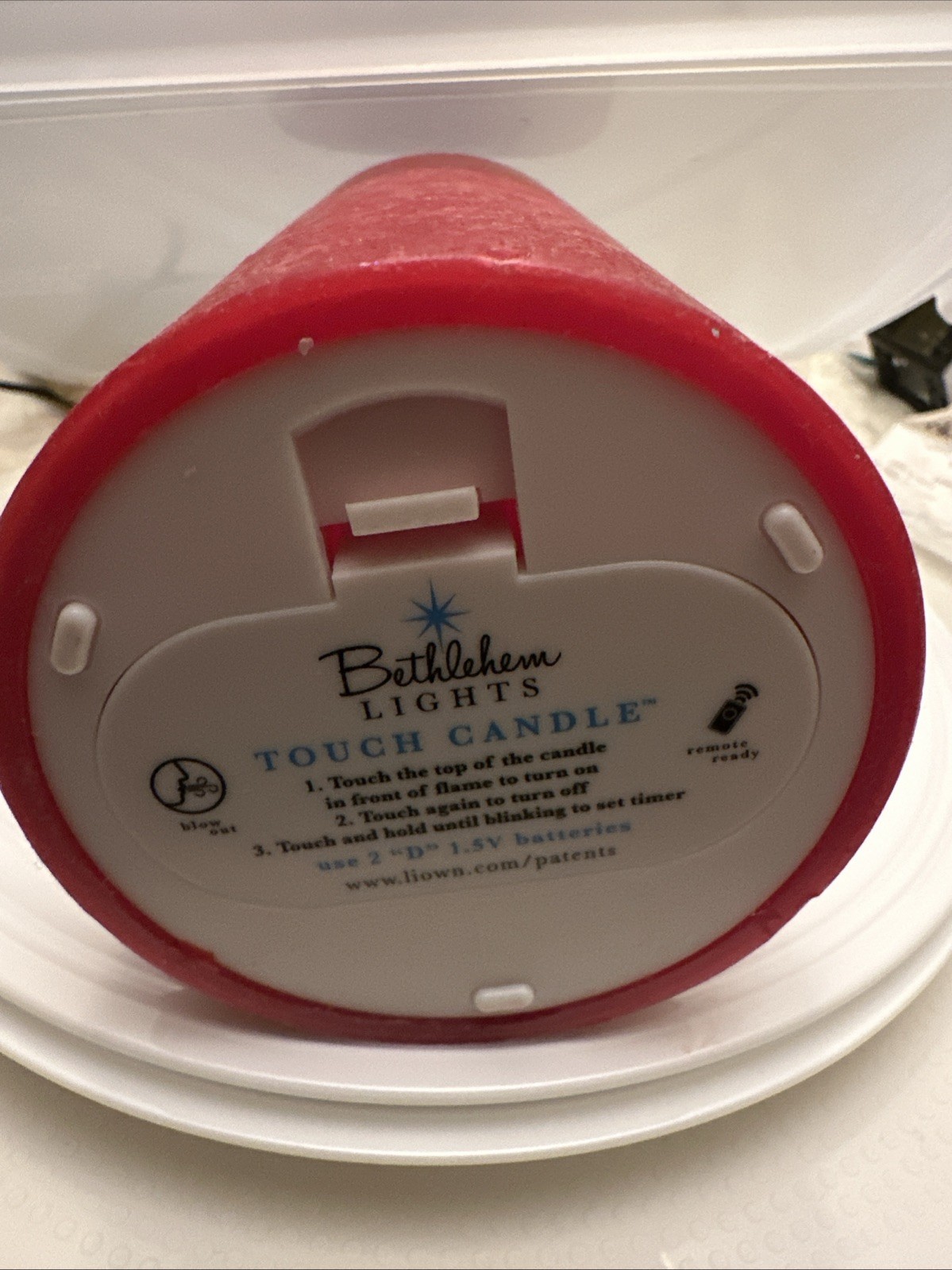 Bethlehem Lights Touch Candle Red 7” Tall Open Box With Mirror Tray Disc