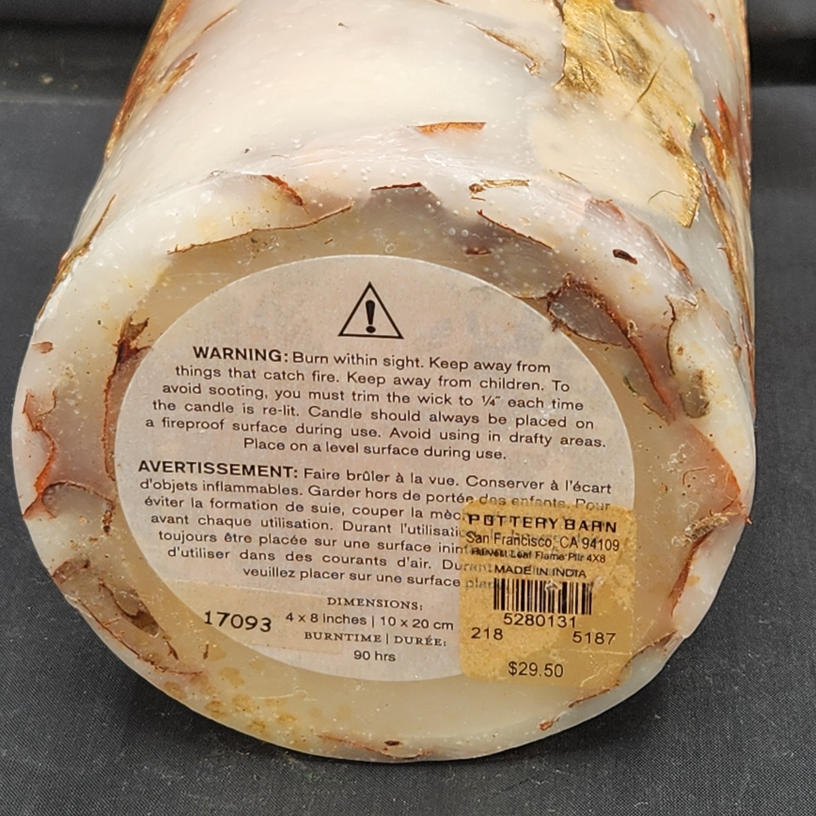 Pottery Barn Harvest Fall Leaf Botanical Candle 90-Hour Burn Time 4×8″ Unlit