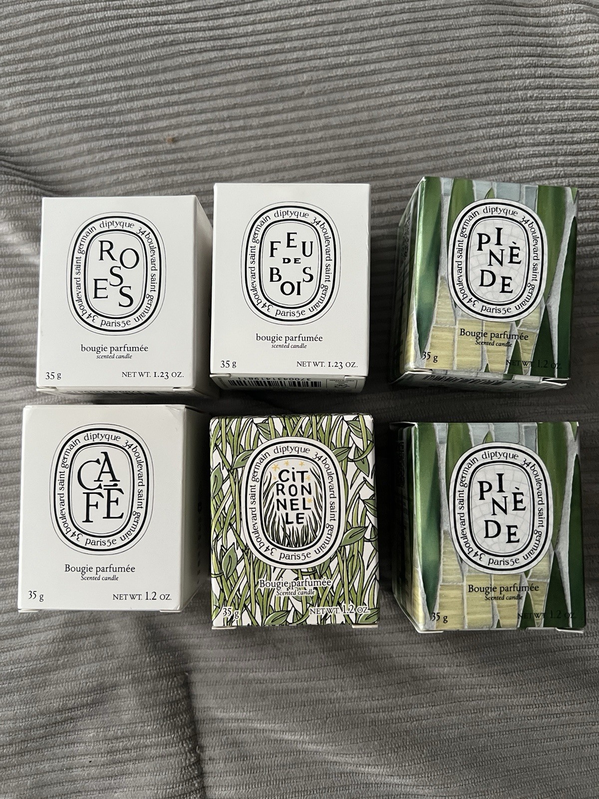 Diptyque Set of 6 Travel 35g Candles: Pinede Citronelle Roses Cafe Feu de Bois