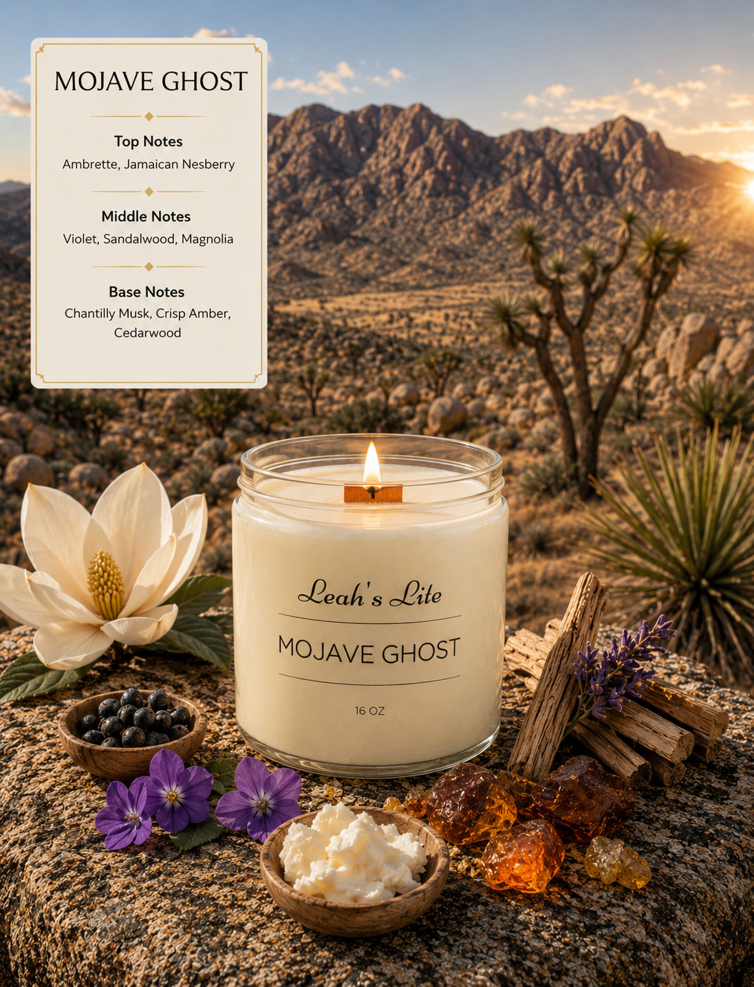Wood wick * MOJAVE GHOST * Byredo TYPE * scented * Leah’s Lite Candle * 9oz