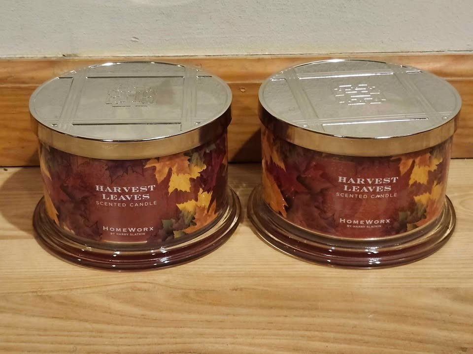 LOT OF 2 NEW HOMEWORX BY HARRY SLATKIN HARVEST LEAVES 4 WICK 18 OZ JAR CANDLE
