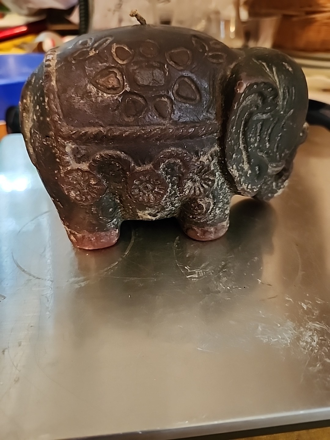 Carved Elephant Candle Vintage 1970s Serengeti Sculpture 8” Unscented India 6×4″