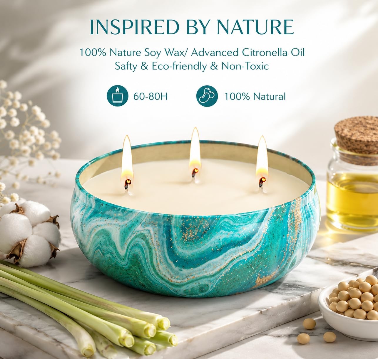 Large Citronella Candles Outdoor Decorative 36oz, 3 Wick Soy Wax Lemongrass C…