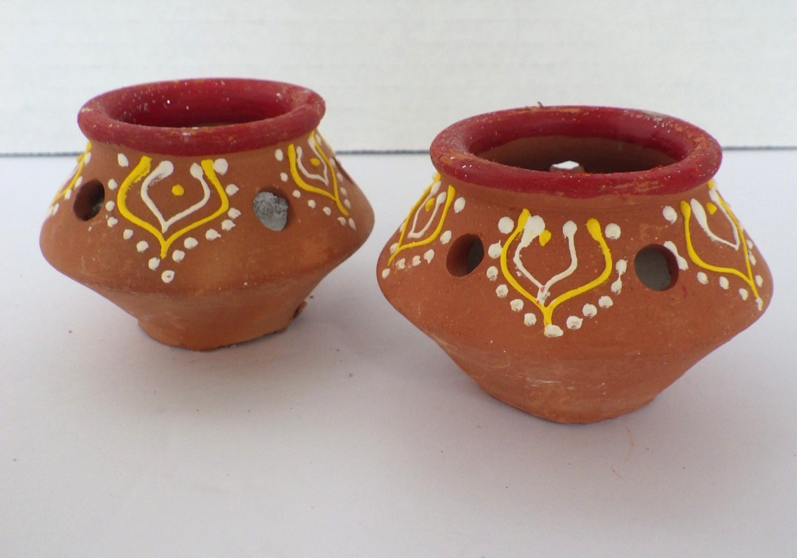 Terra Cotta Clay Diya Candles Hand Painted Set Of 2 India
