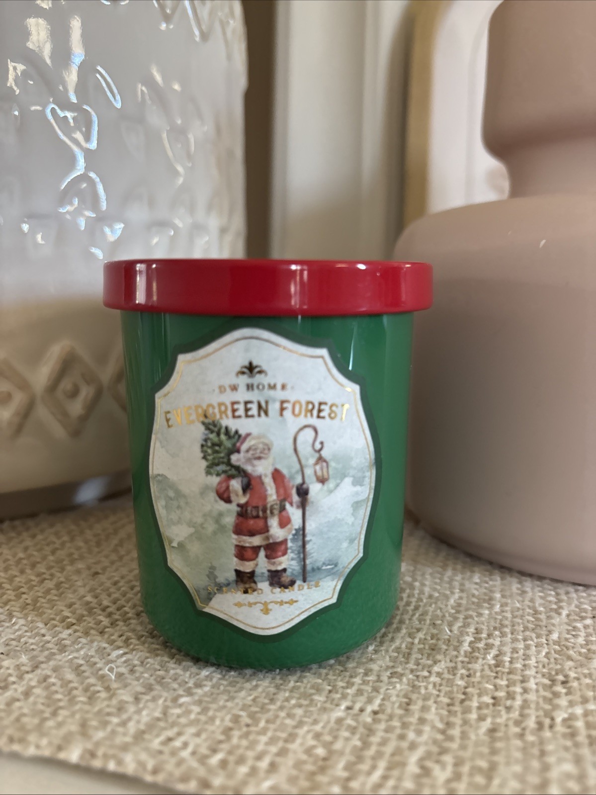 DW Home Evergreen Forest Candle Single Wick Green Red Jar Primitive 3.8 oz NEW