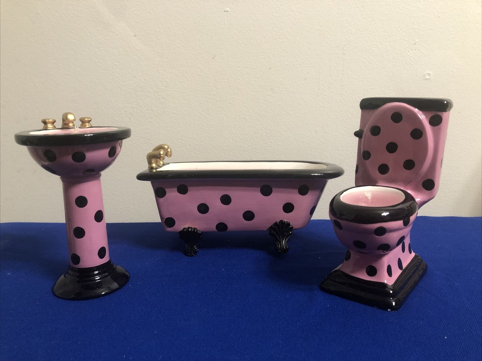 Ceramic Bathtub, Toilet & Sink Candle Set – Pink Polka Dot Design