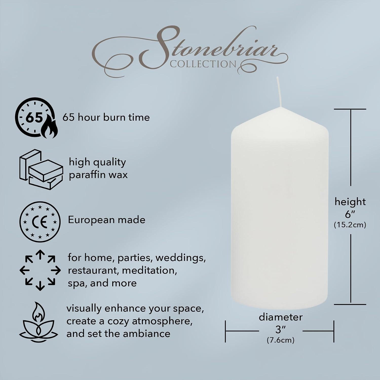 3 Pack Tall 3 X 6 Inch 65 Hour Long Burning Unscented White Wax