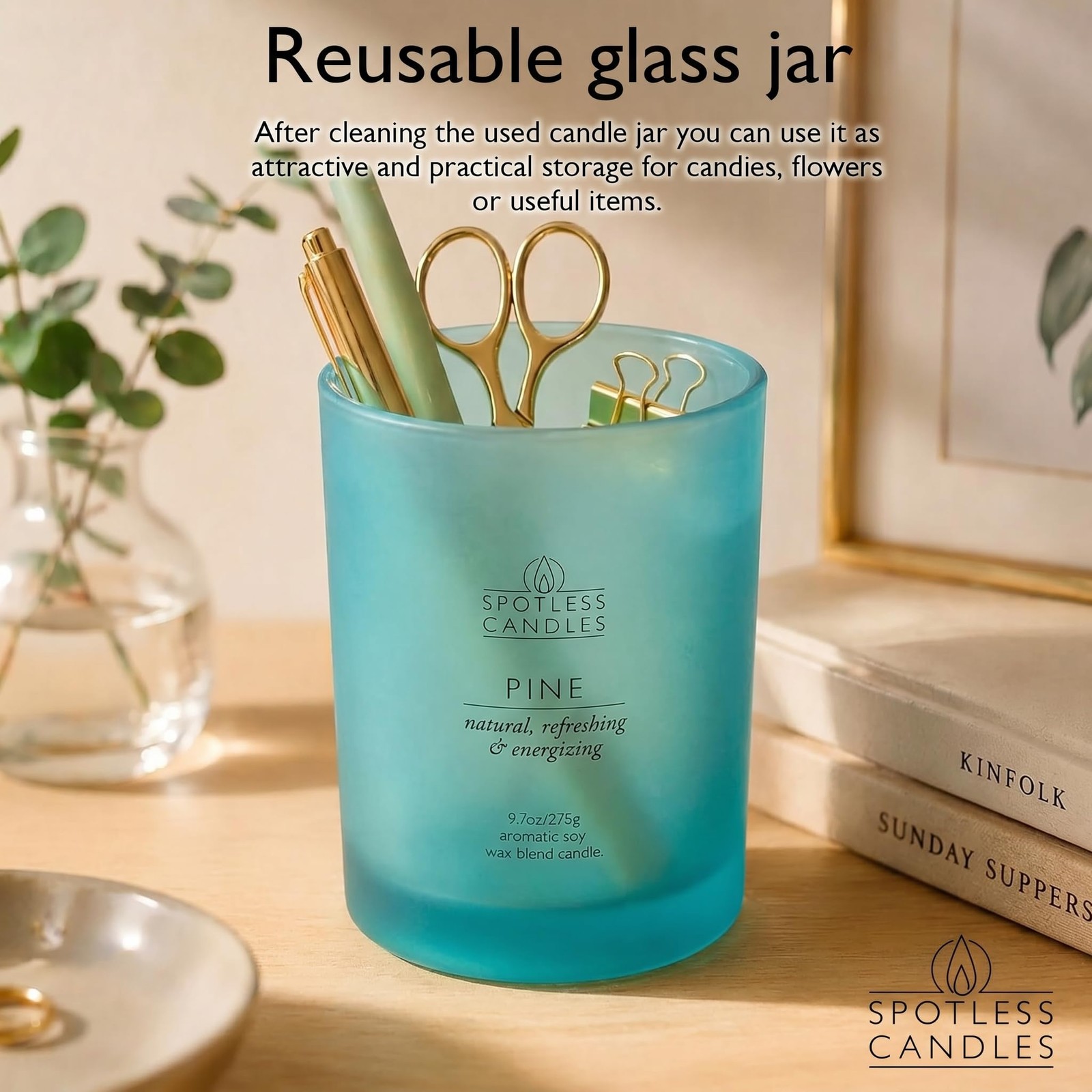 Pine Candle; 9.7 oz: 55 Hrs Burn Time, Soy Wax Teal Frosted Jar with Cracklin…