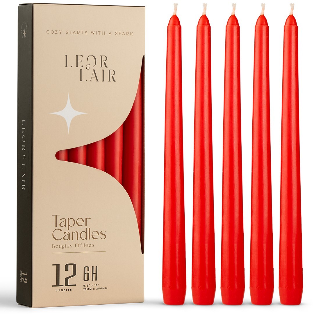 Leor & Lair Taper Candles – 12 Pack – 10″ Tall Candlesticks, Unscented, 6+ Hours