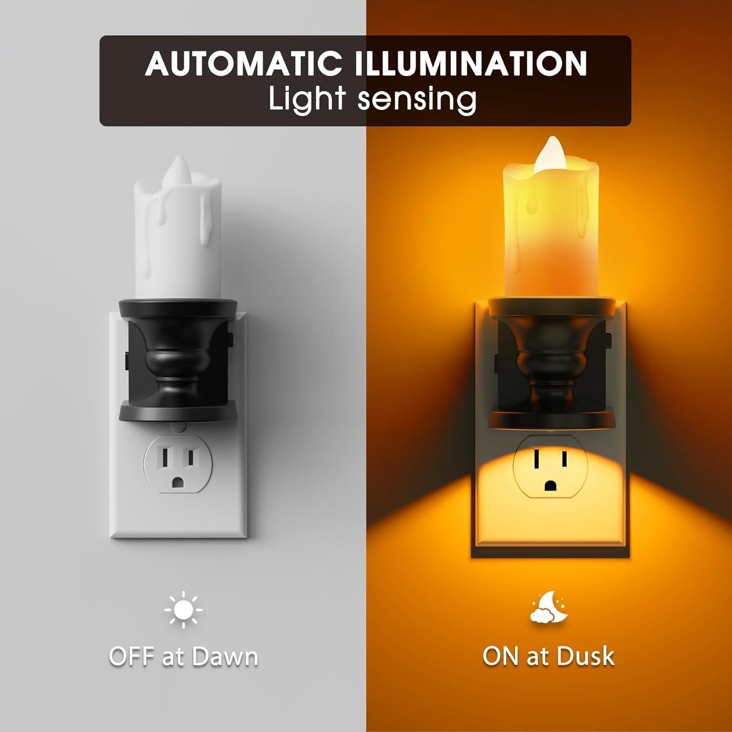 Flameless Plug-in Candle Night Light Set – Warm Amber Glow, 2 Adjustable Modes