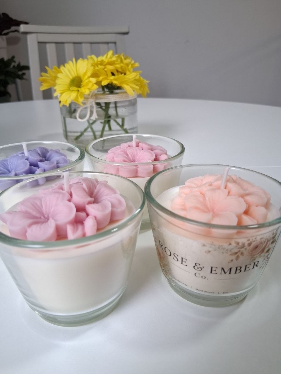 Handmade Soy Wax Candle Hydrangea Flower Top Glass Cup Home Decor Gift for Her