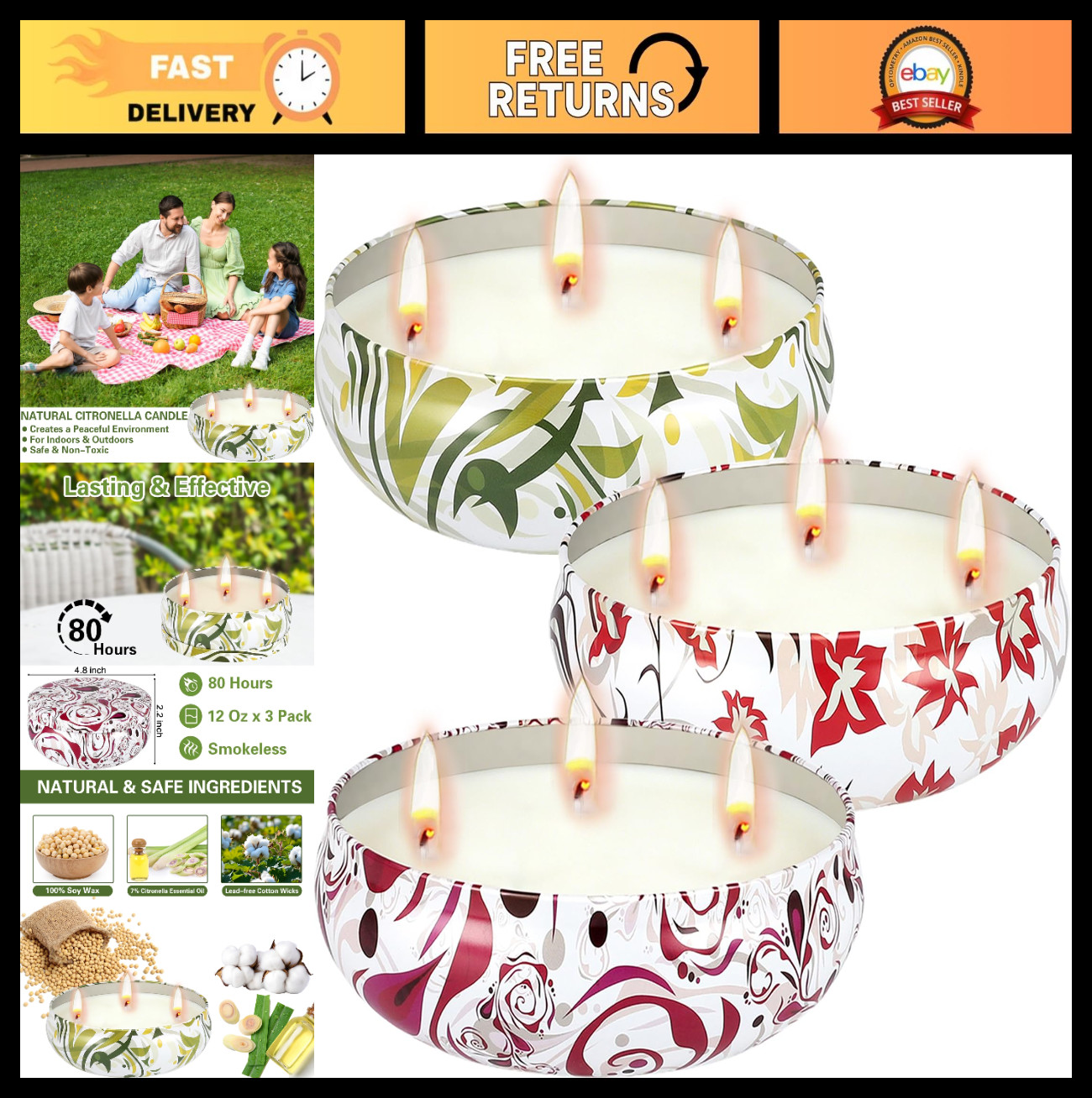 Large 3-Wick Citronella Candles 3 Pack – Natural Soy Wax, 240 Hour Burn for Pati
