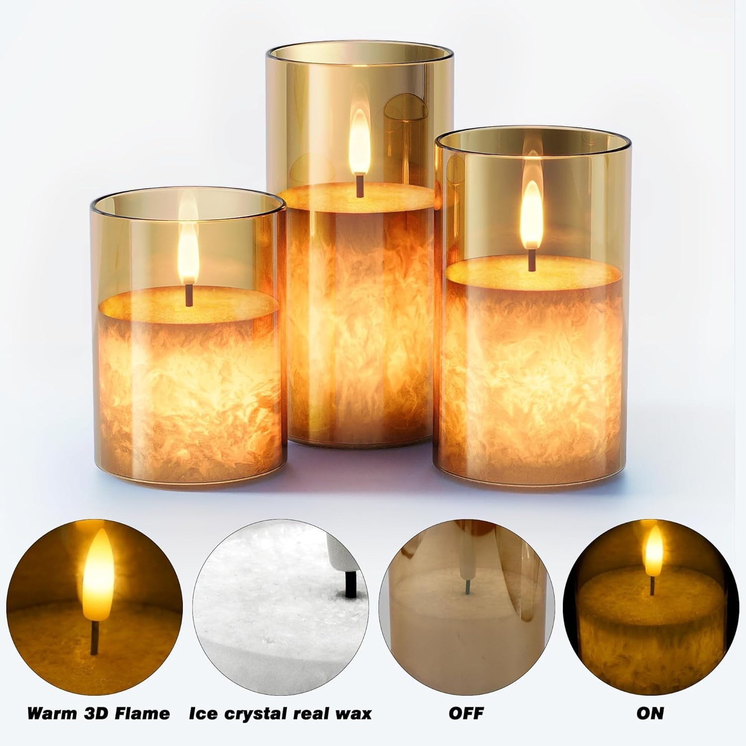 Dimmable Gold LED Flameless Candles with Remote – Sparkling Warm Glow, 3 Pack