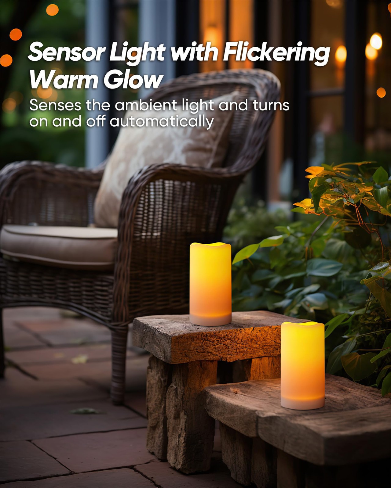 Solar Candles Outdoor Waterproof, Dusk to Dawn Sensor, 3″x4″5″ 6″