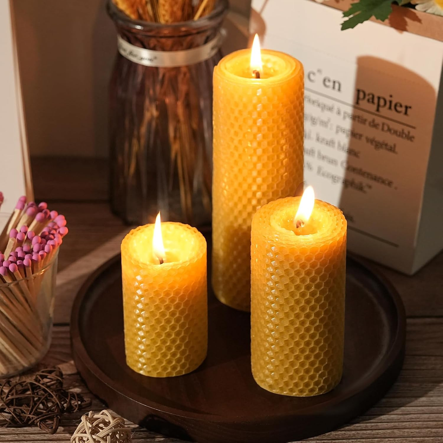 Beeswax Pillar Candles,Hand Rolled Honeycomb Design, 3 Sizes | Pure Natural