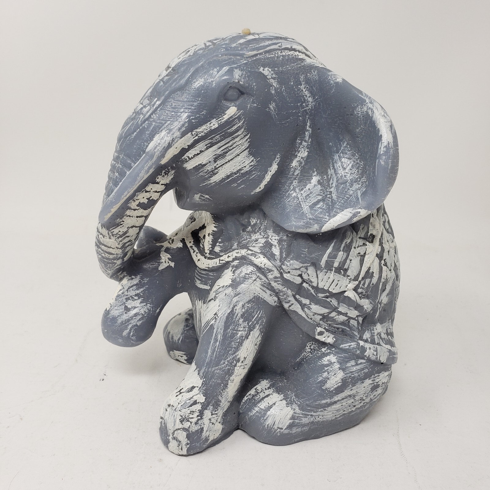 Elephant Candle Sitting Gray White Accent Costumed Wax India 6inch