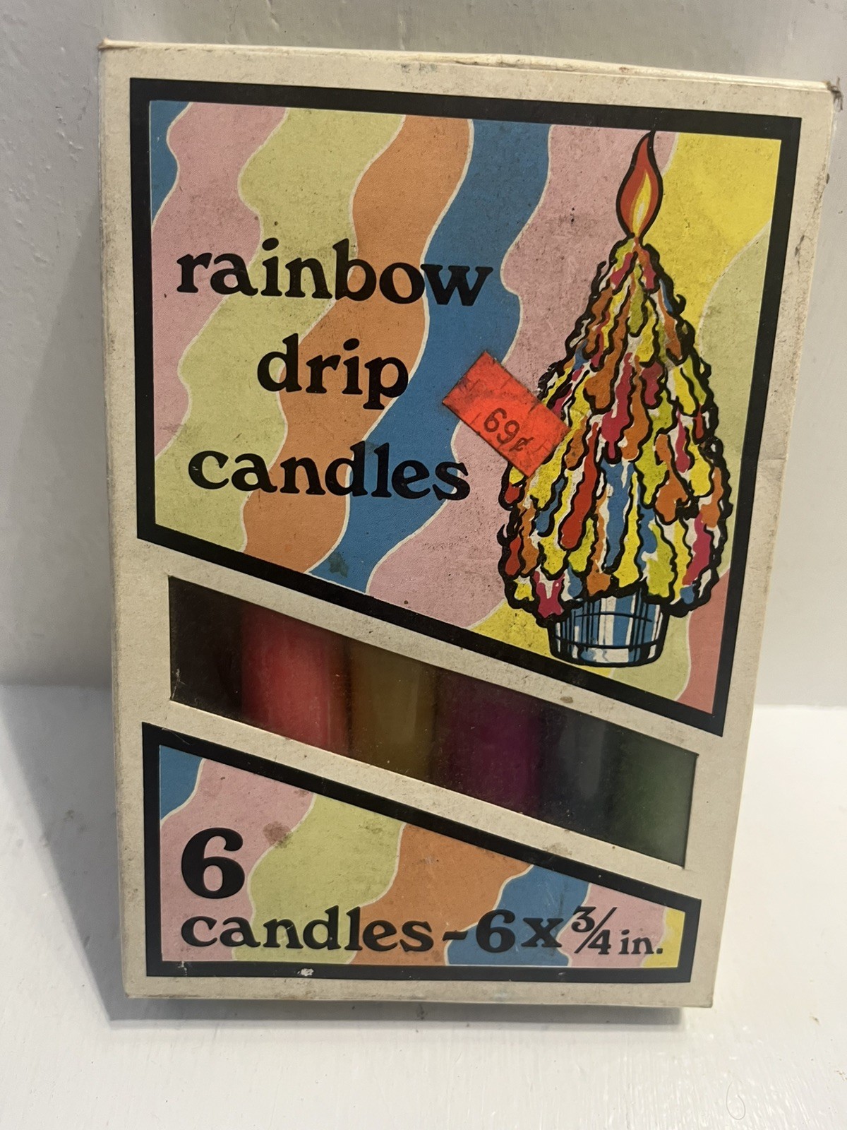 – Rainbow Drip Candles In Original Antique Box, Missing 1