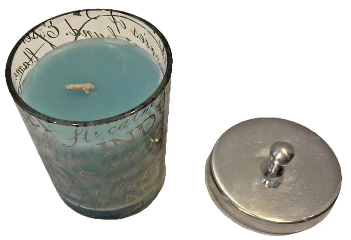 Coastal Calming Candle Inspirational Messages Glass Jar Silver Lid Beach Blue