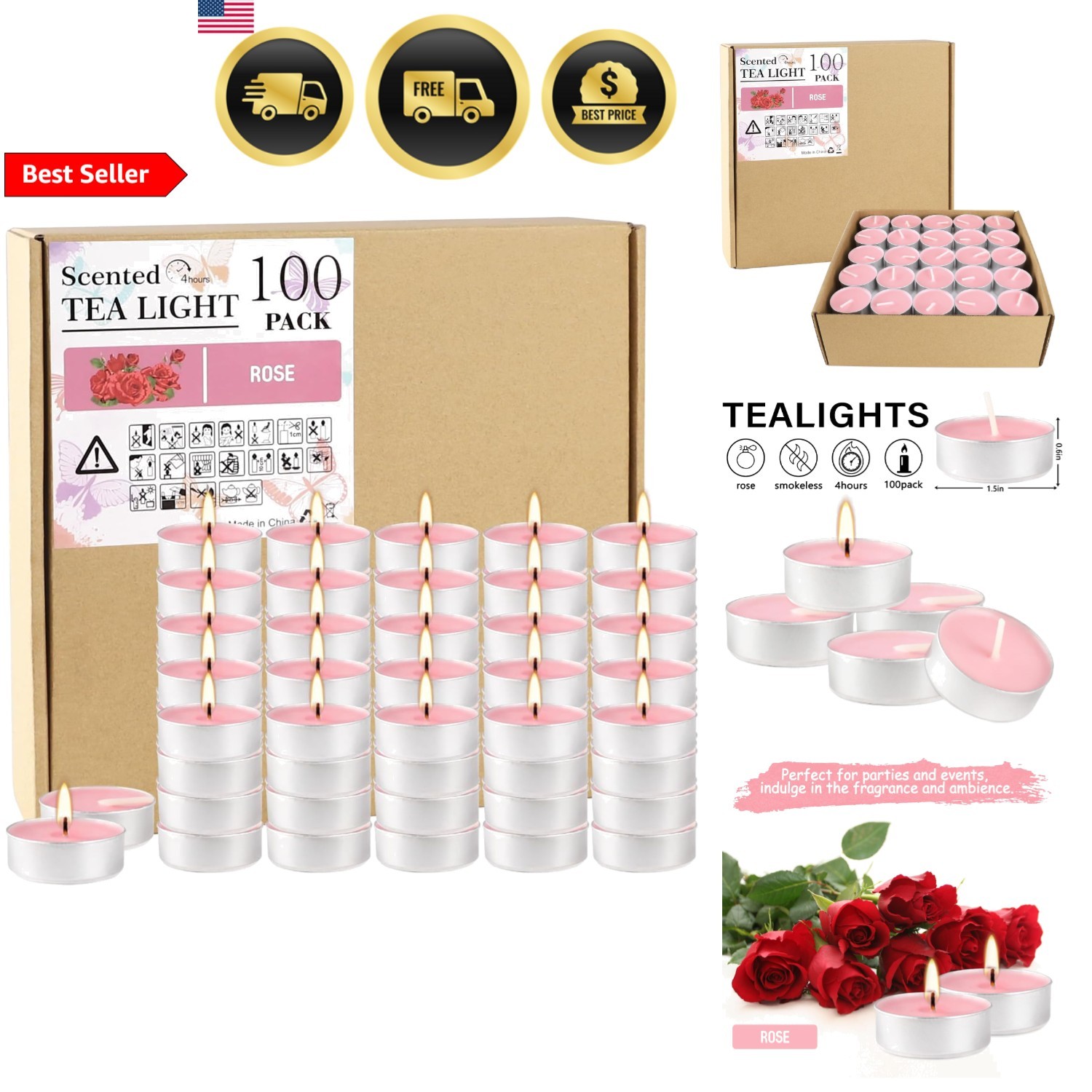 Pink Rose Scented Tea Light Candles Bulk 100 Pack Long Lasting Indoor Decor