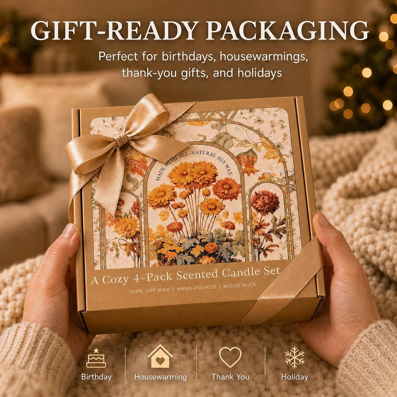 Scented Candle Gift Set, 4 Pack Wooden Wick Natural Soy Candles for Home | 28…