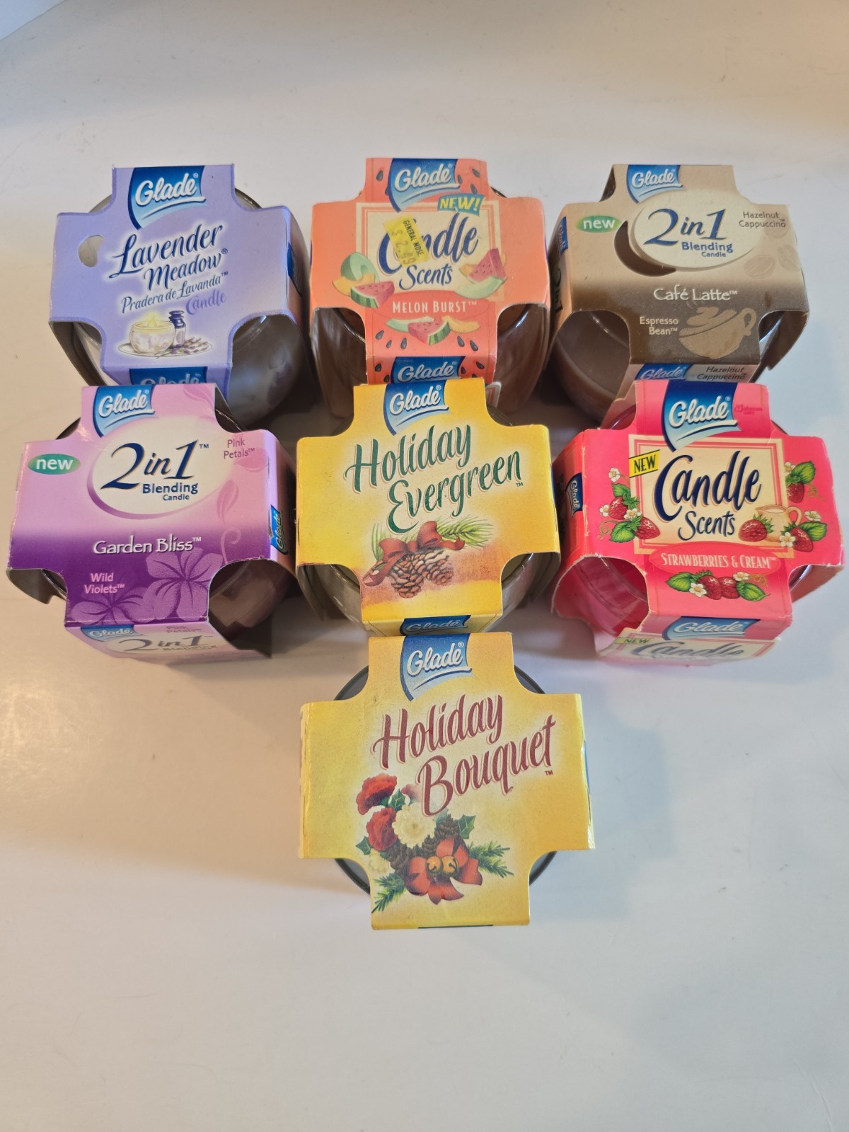 Glade Lot Of 7 Vintage Scented 4oz Candles NOS Scents Holiday New 2 In 1