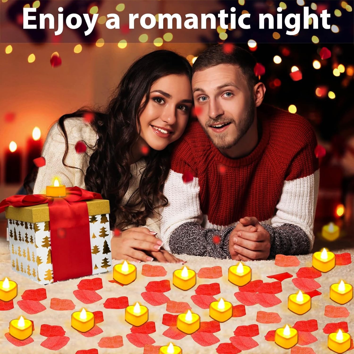 Rose Petals and Candles Set for Romantic Decoration, 24 Pcs Heart Candle Lights