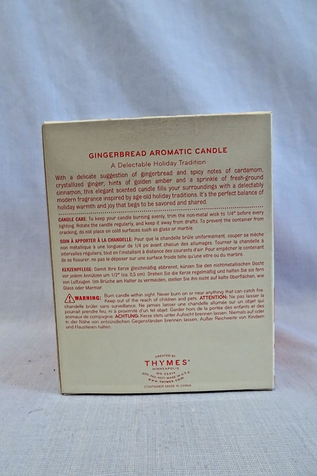 THYMES Gingerbread 9.5oz/270g Aromatic Candle 4″ Size NIB