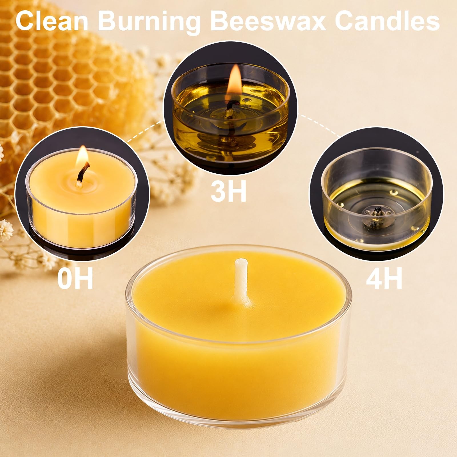 UGBEM Beeswax Tea Light Candles Bulk 4 Hour Non Toxic Natural Pure Bees Wax