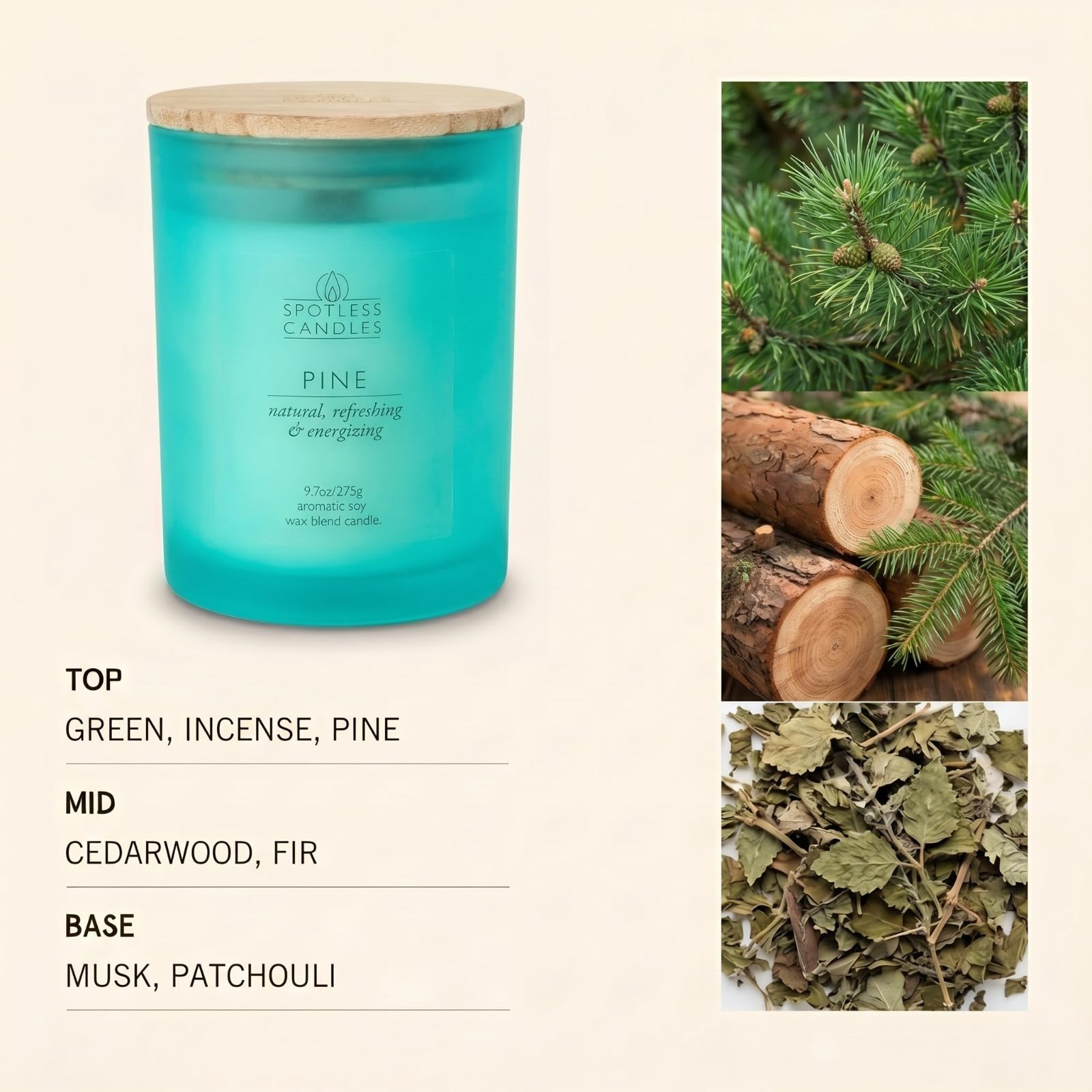 Pine Candle; 9.7 oz: 55 Hrs Burn Time, Soy Wax Teal Frosted Jar with Cracklin…