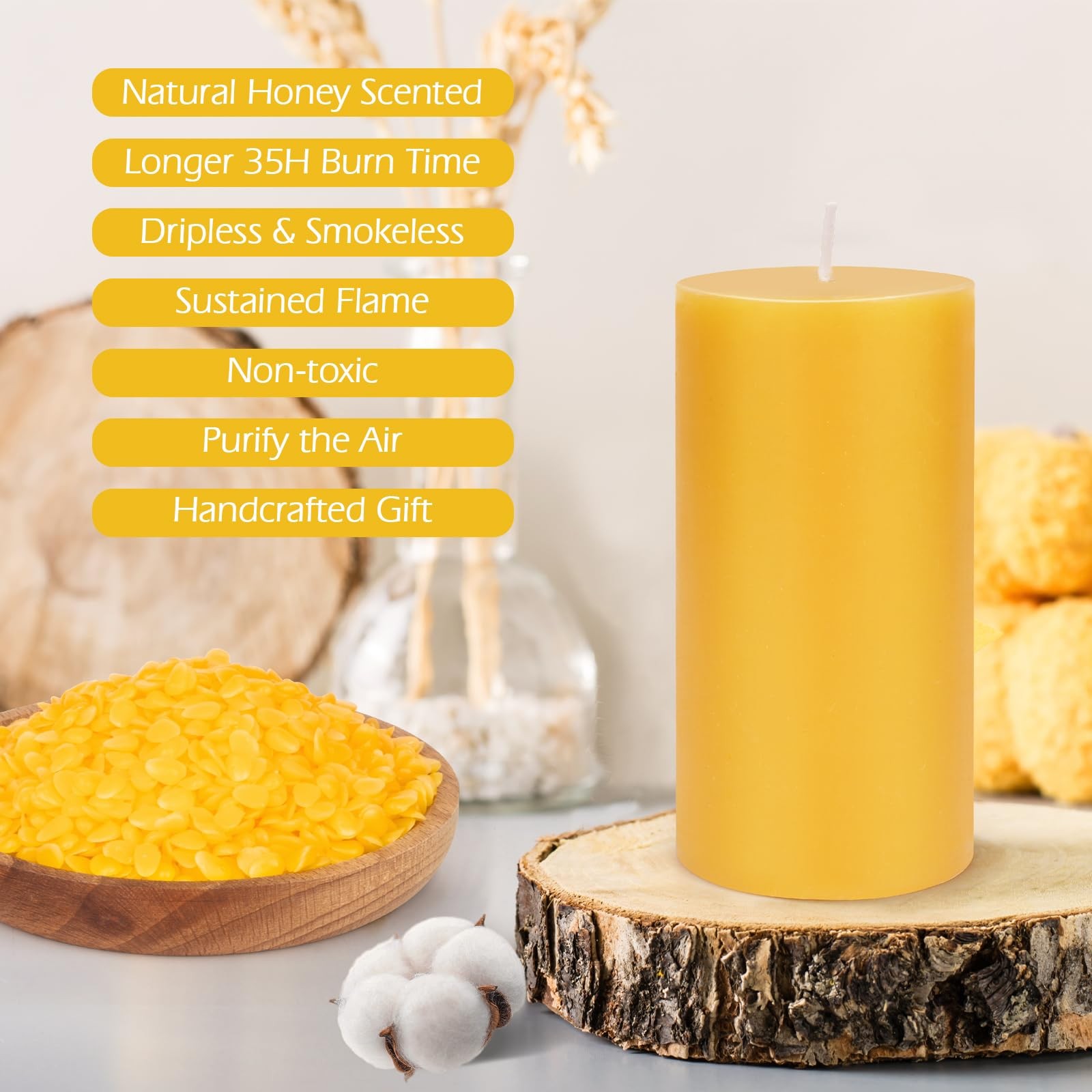 Natural Beeswax Pillar Candles,4 Pack, 3″ x 4″ Pure Beeswax Candles,Large Can…