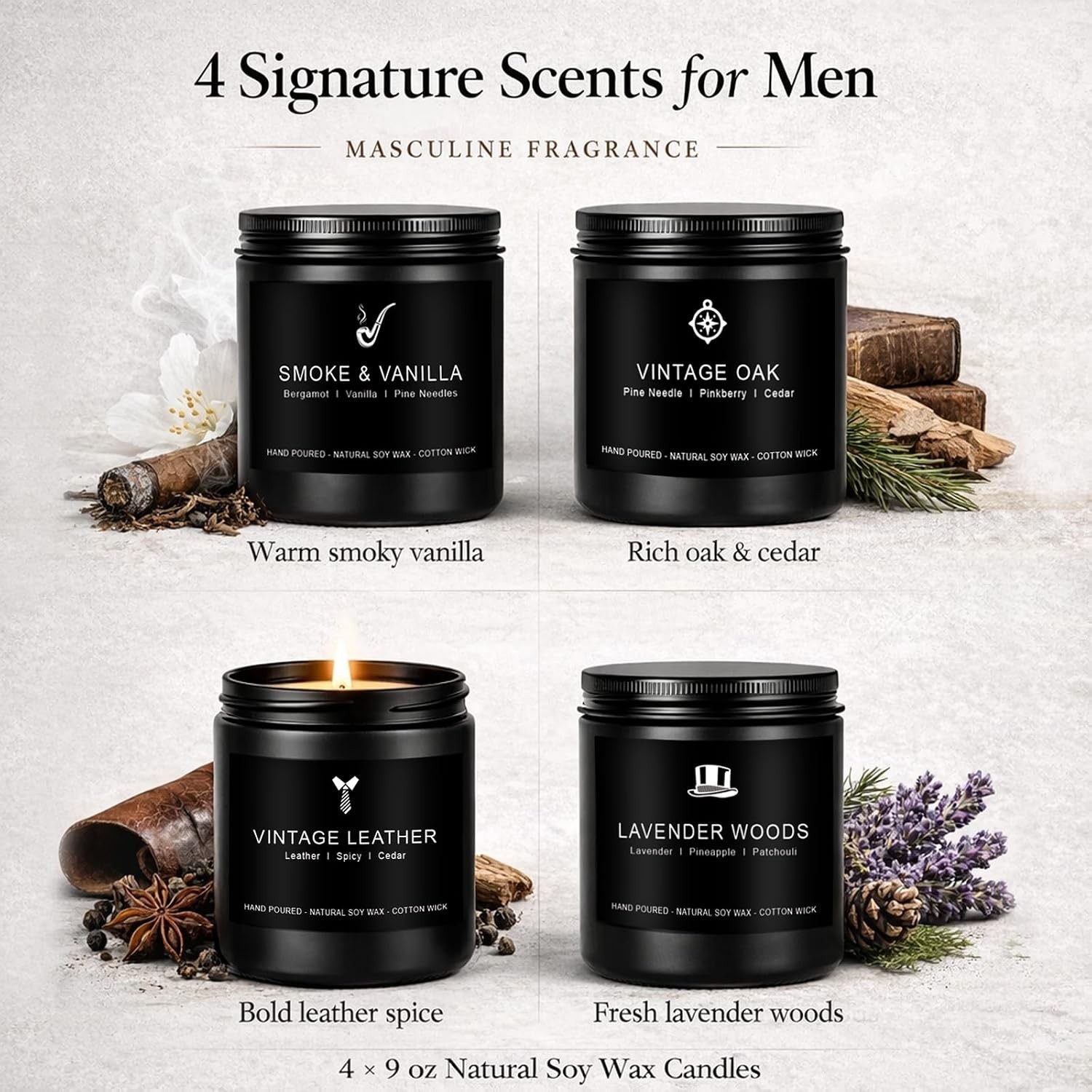 Candles for Men Gift Set, 4 Pack Masculine Scented Soy Candles for Men, Leath…