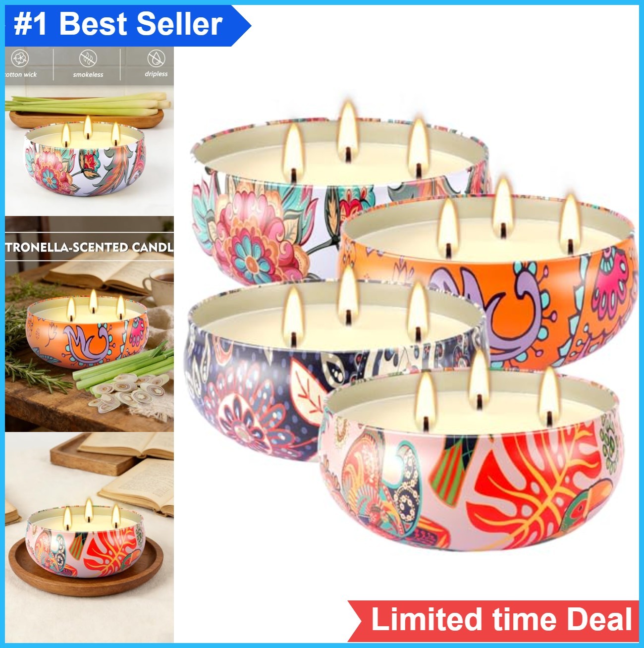Citronella Scented 3 Wick Candle Soy Wax Boho Decorative Tin Indoor Outdoor