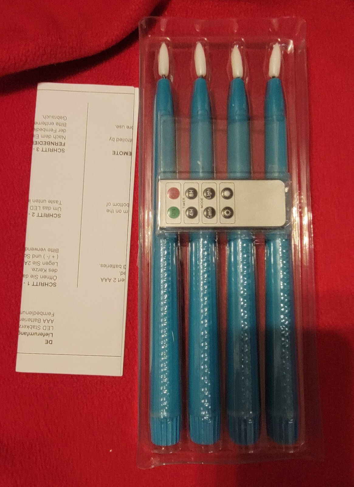 4 Pack Flameless Fanna LED Turquoise Taper Candles Timer Remote Battery Operated