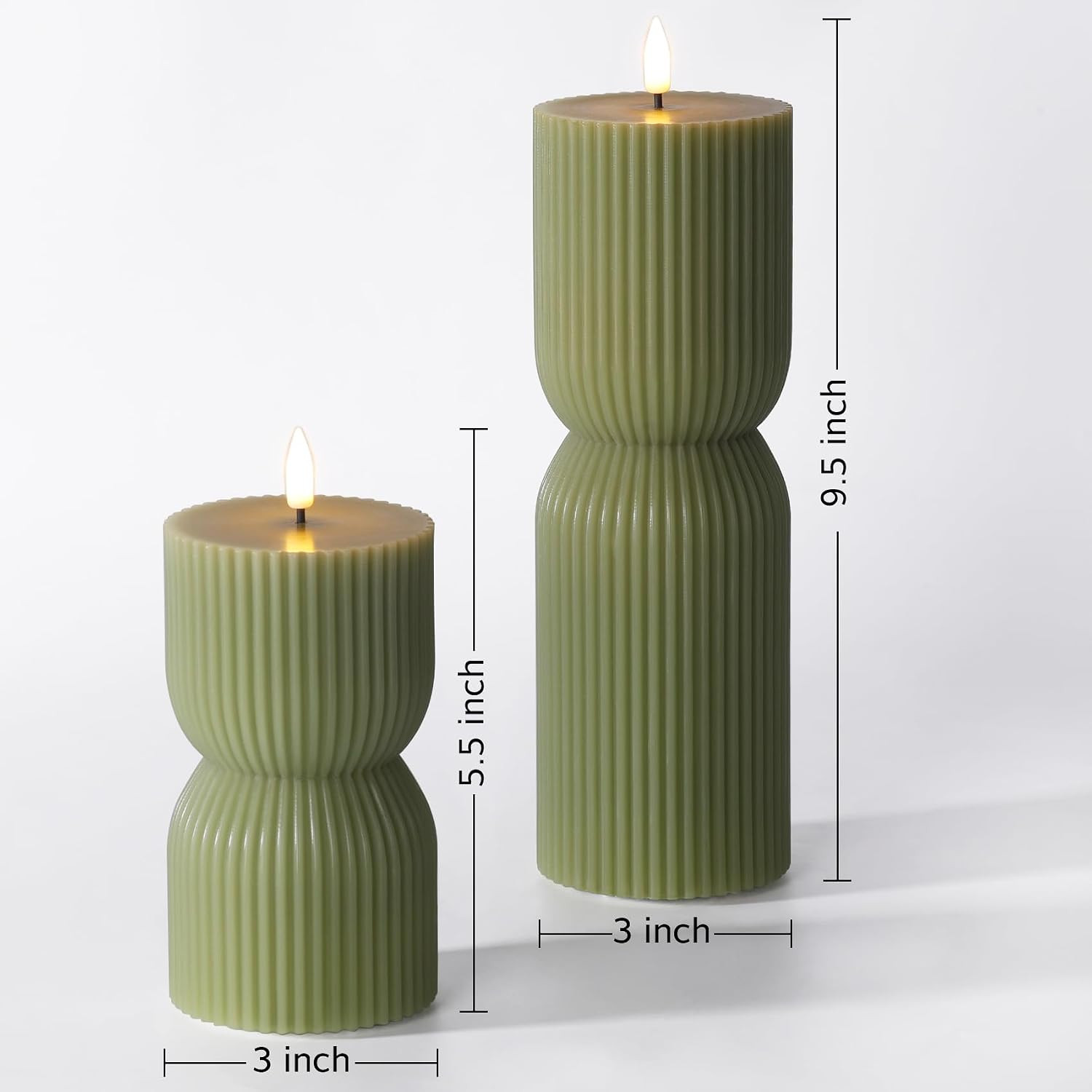 Olive Green Ribbed Flameless Pillar Candles with Remote Set of 2 | 2 AA Battery
