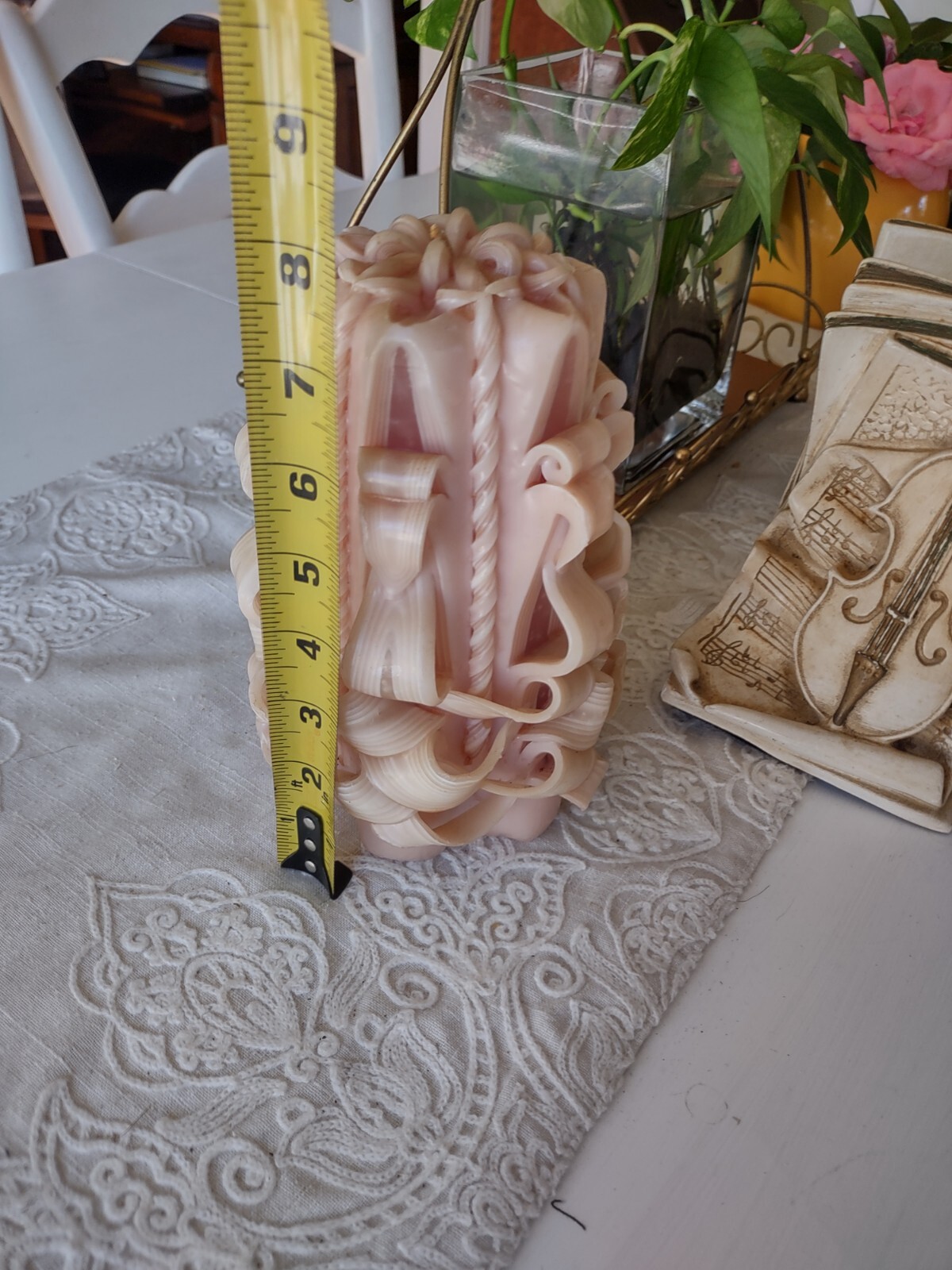 Carved Pillar Art Candle Blush Pink Home Decorative