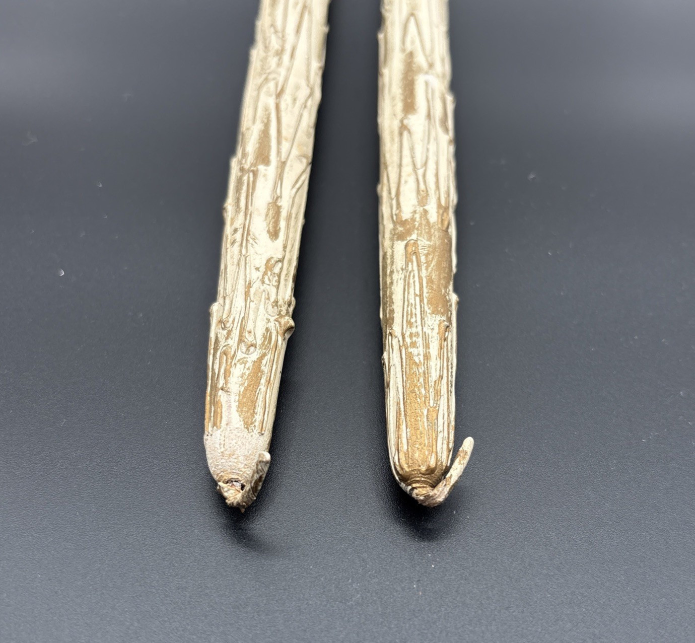 Vintage Pair of Wood Faux Drip Tapered Candles Cream and Gold Mid Century Modern
