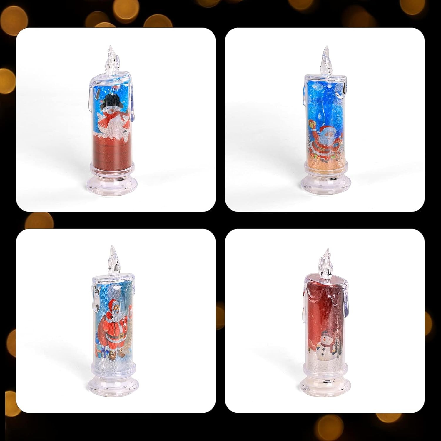 Flameless LED Candles Set of 4 with Santa Claus, Snowman Decals – Battery Ope…