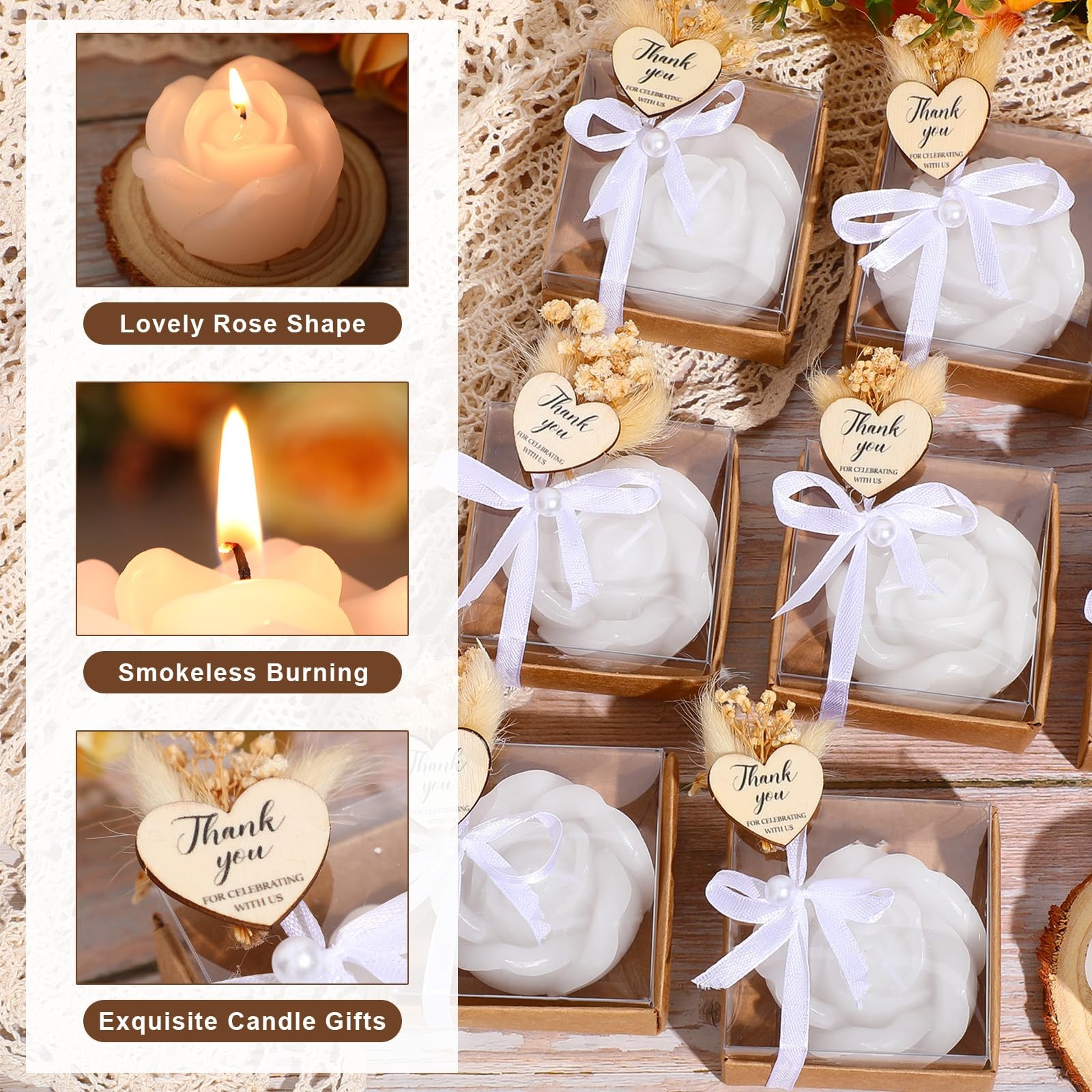 24 Sets Rose Candles Scented with Dried Flower Mini White Rose Petal Candle G…