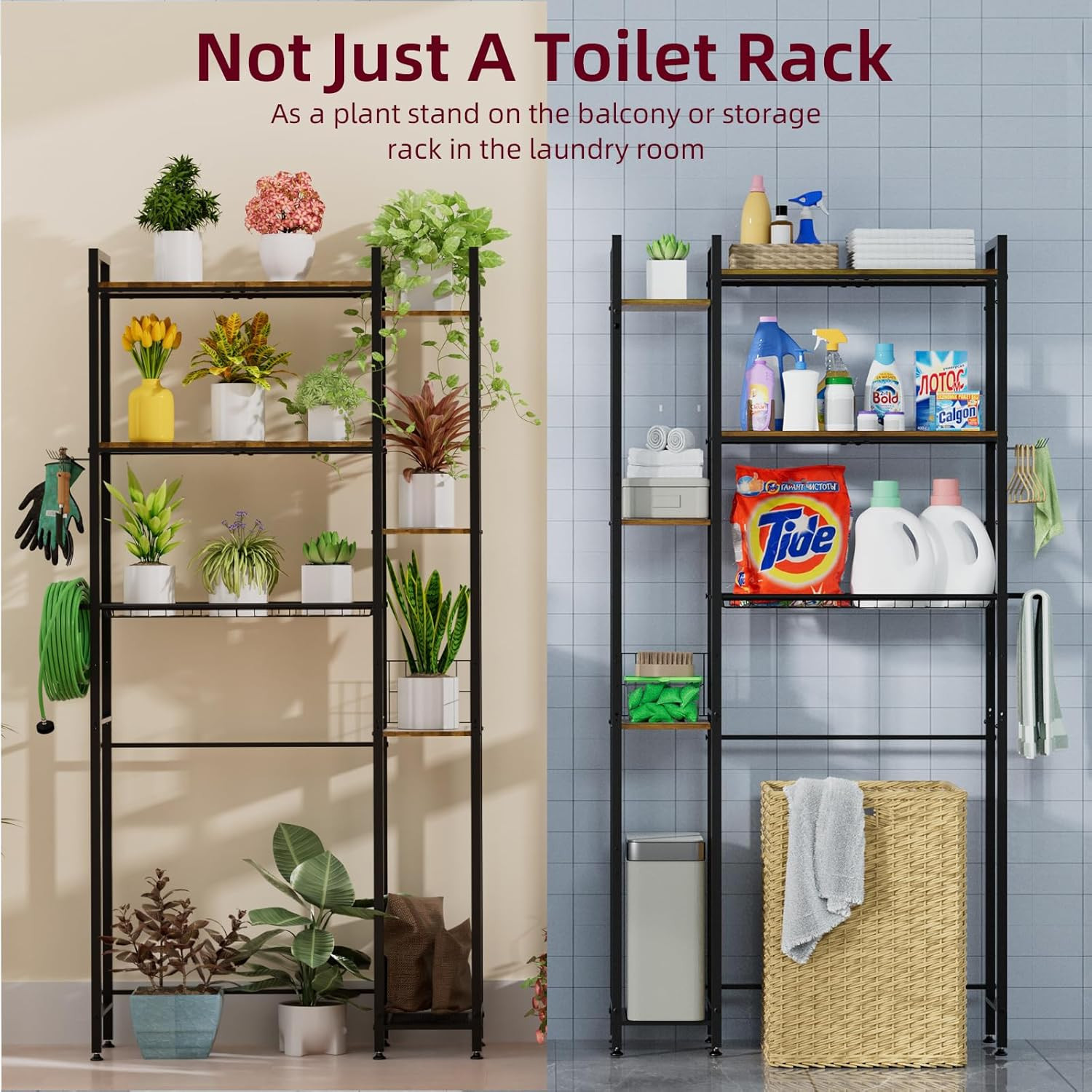 7-Tier Over Toilet Storage Organizer with Wooden Shelf & Side Rack