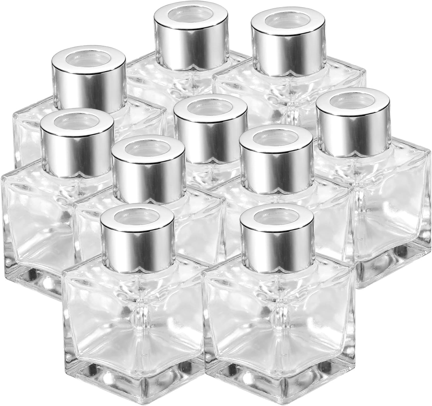 10 Set Square Glass Diffuser Bottles with Silver Caps Refillable Cap