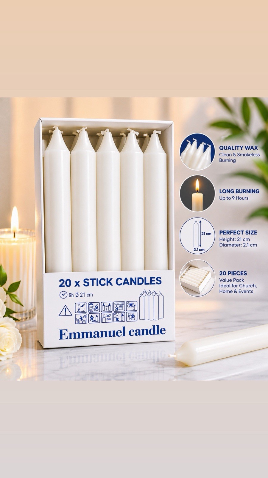 JUBLA Unscented Candle White Pack of 20 10 Inches Long Long Lasting