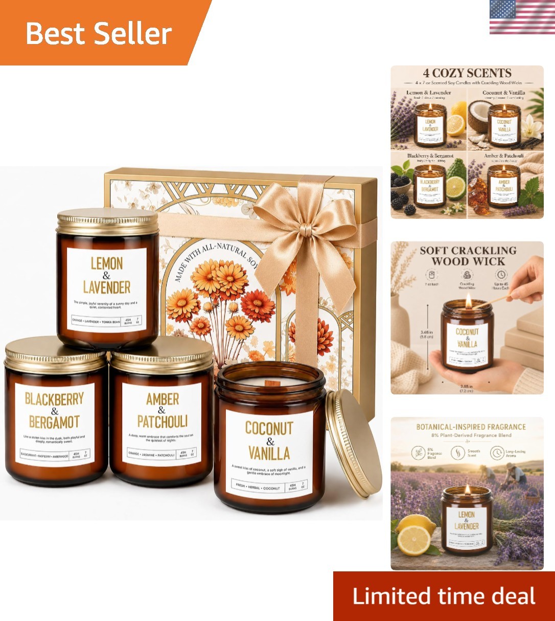 Scented Candle Gift Set, 4 Pack Wooden Wick Natural Soy Candles for Home | 28…