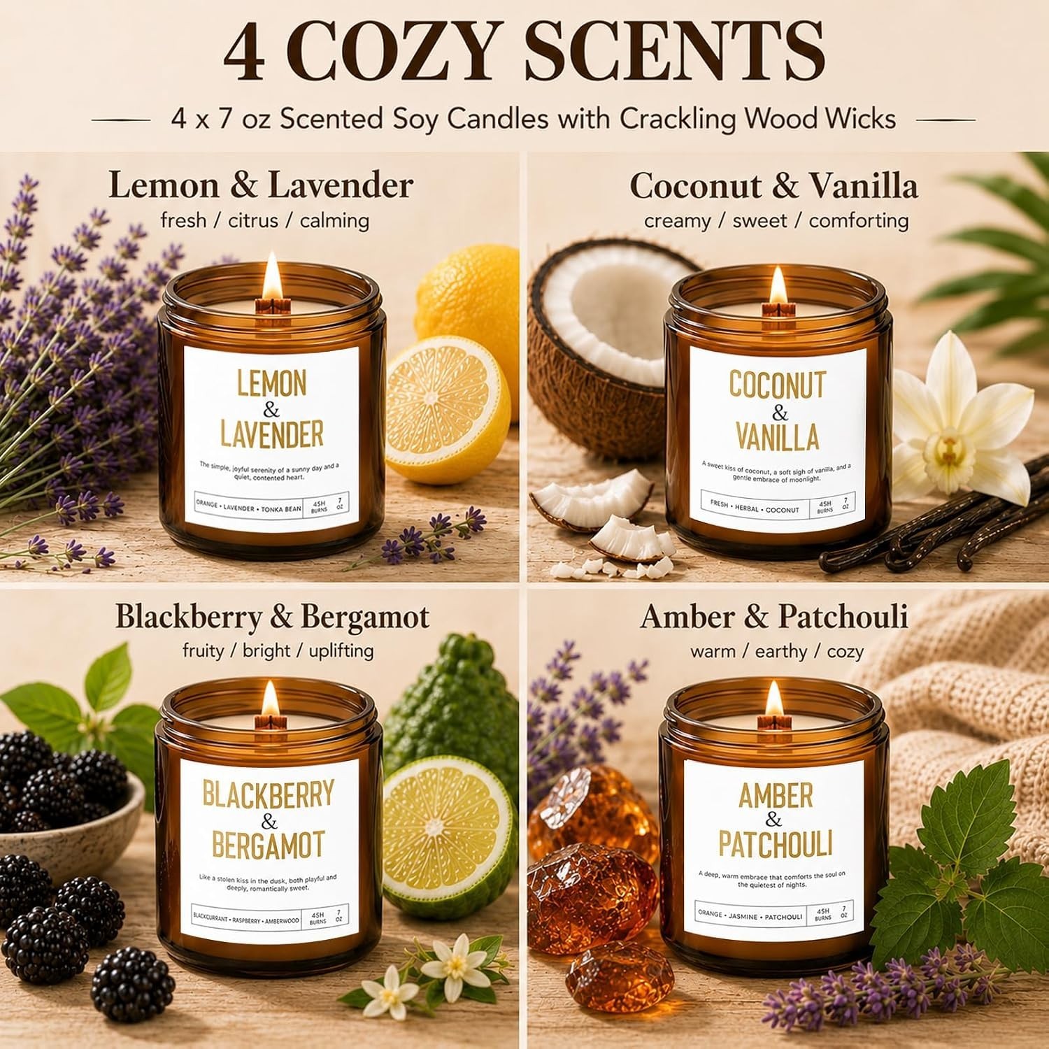 Scented Candle Gift Set, 4 Pack Wooden Wick Natural Soy Candles for Home | 28…