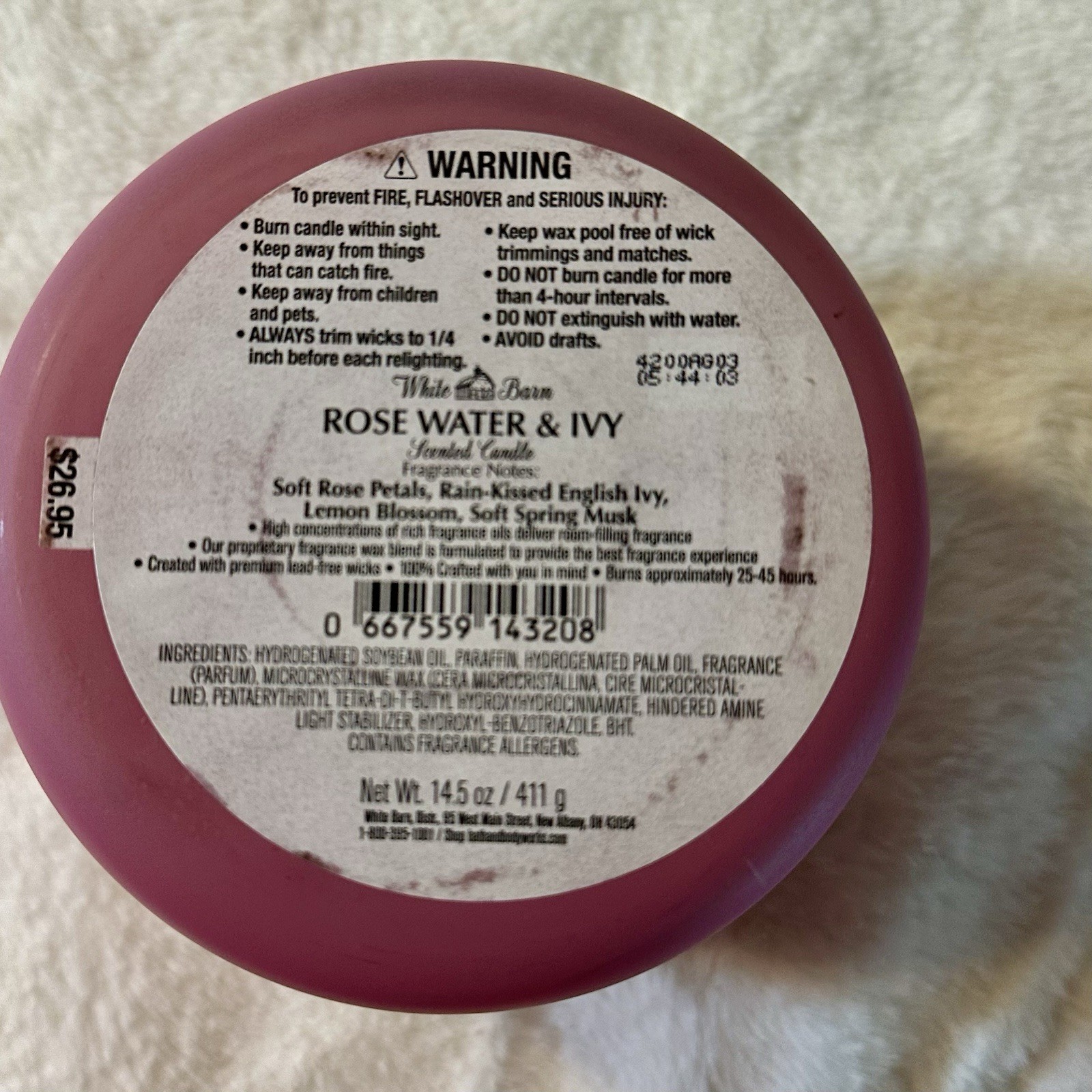 Bath and Body Works / White Barn Rose Water & Ivy 3 Wick Candle~NEW