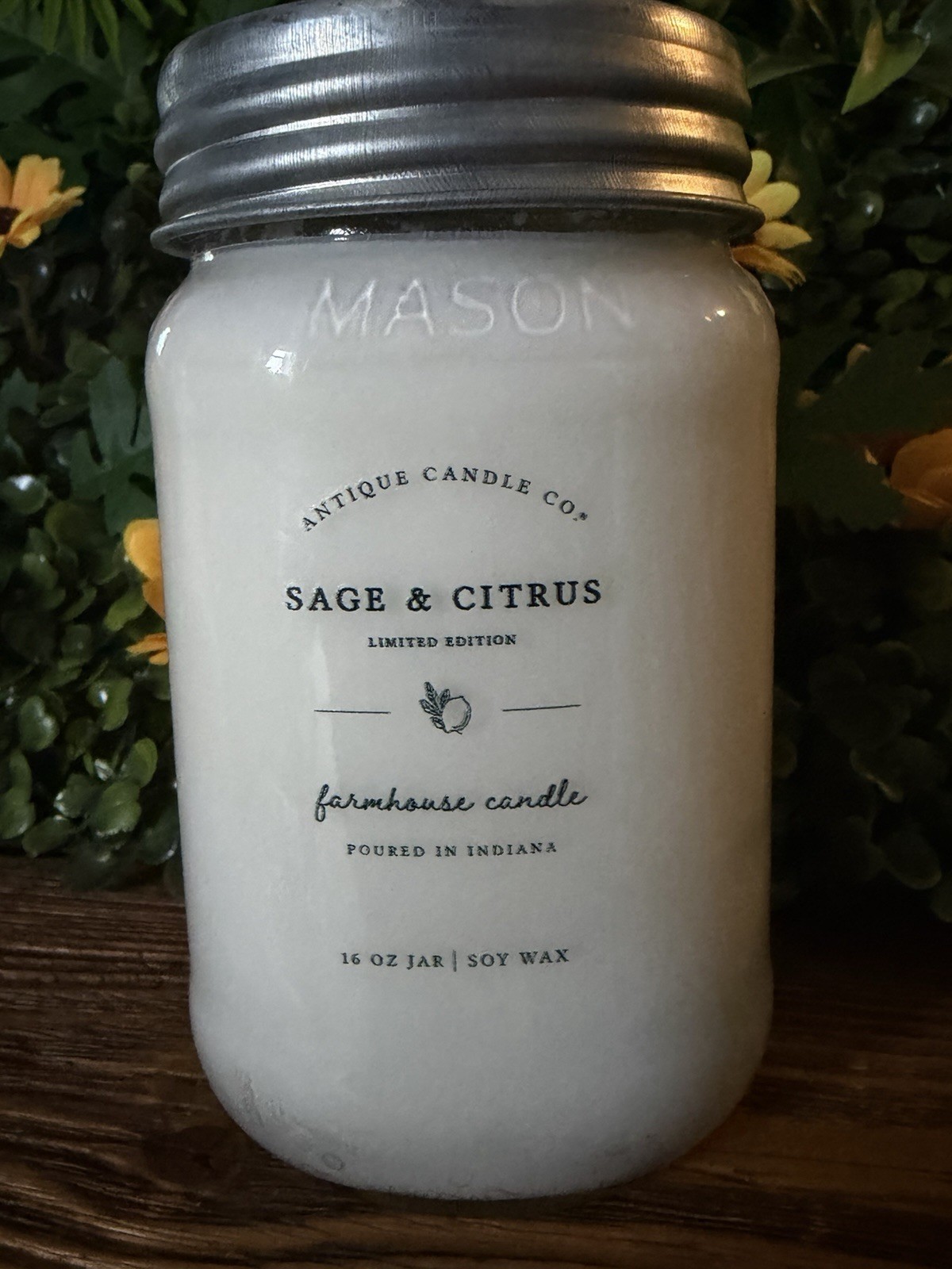 Antique Candle Co. Sage & Citrus Limited Ed Farmhouse Soy Candle 16 oz Mason Jar