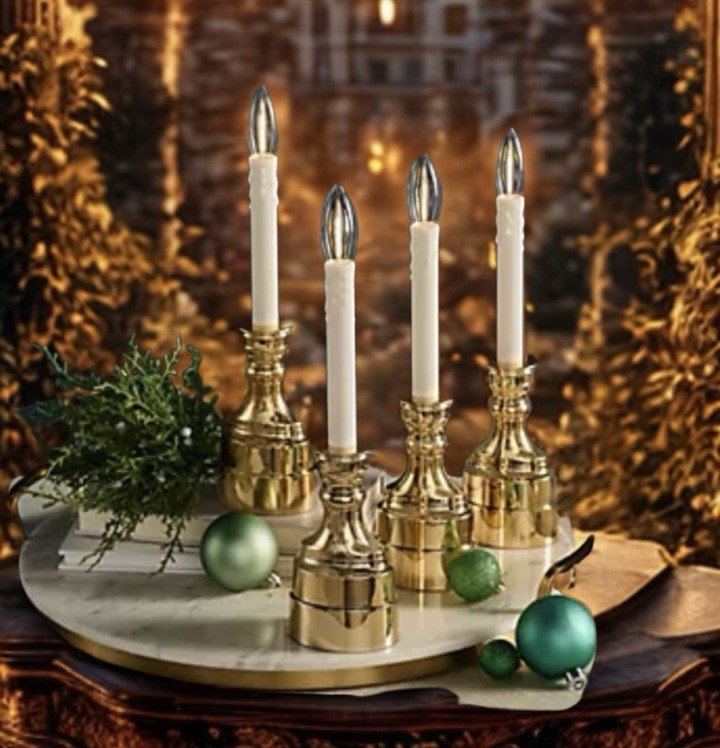 Bethlehem Lights Set of 4 Premium Brass Tone Cordless Timer Window Candles NIB